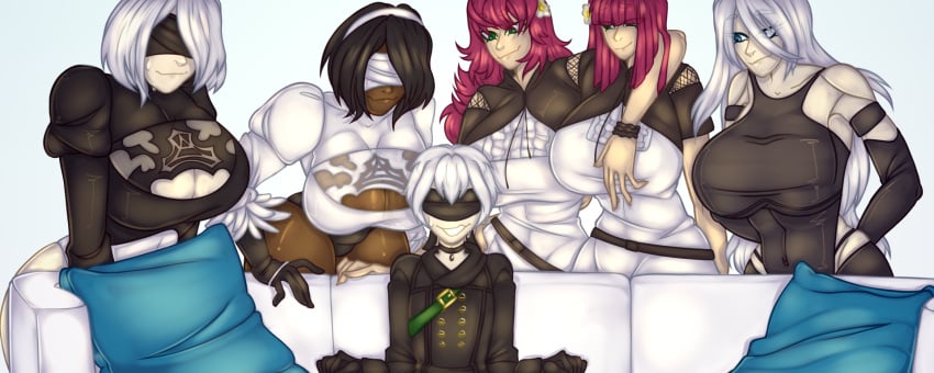 belts big_ass big_boobs big_breasts big_thighs big_tits black_clothes blindfold devola huktol looking_at_partner meme milf nervous nier nier:_automata nier_(series) nonude pink_hair piper_perri_surrounded png popala smaller_male sofa sweat tagme twins white_clothes white_hair yorha_2b yorha_2p yorha_9s yorha_a2