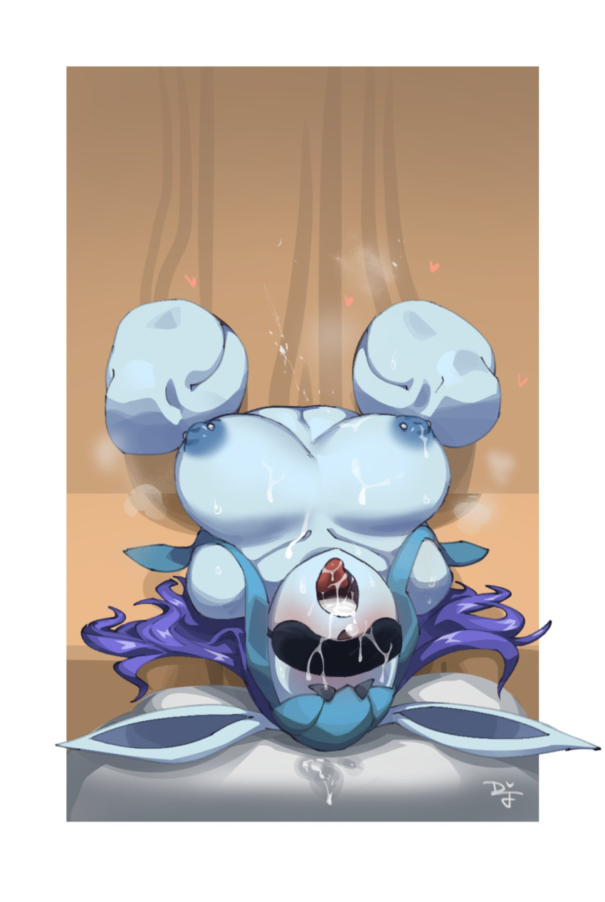 anthro areola big_breasts blindfold blue_areola blue_body blue_nipples blush bodily_fluids breasts brown_background cum cum_in_mouth cum_inside cum_on_breasts cum_on_face difman difmanm eeveelution female generation_4_pokemon genital_fluids glaceon glory_hole hair heart hi_res lying nintendo nipple_piercing nipples nude on_back open_mouth piercing pillow pokemon pokemon_(species) purple_hair simple_background solo sucking through_wall tongue tongue_out white_background