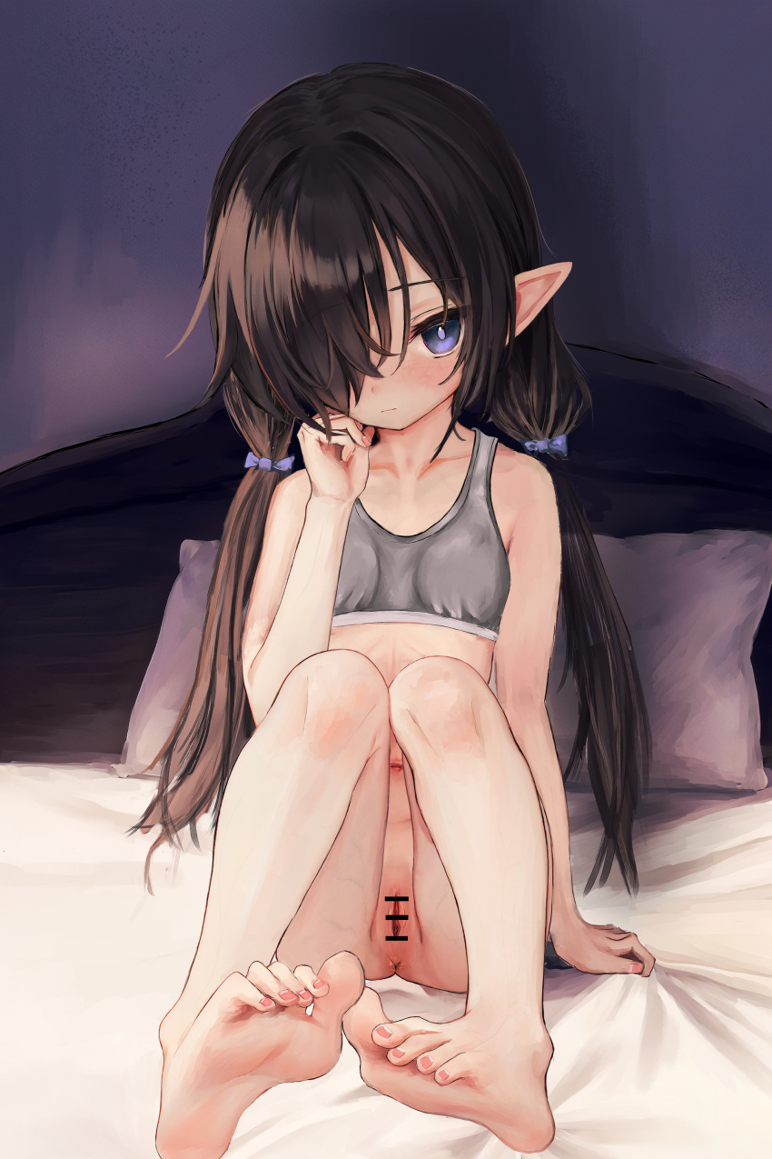 absurdres anus bar_censor barefoot black_hair blue_eyes blush bottomless bra breasts censored commentary_request expressionless feet female full_body grey_bra h.yasai hair_over_one_eye highres long_hair looking_at_viewer low_twintails navel on_bed original pillow pointy_ears pussy sitting small_breasts solo sports_bra toes twintails underwear veins young