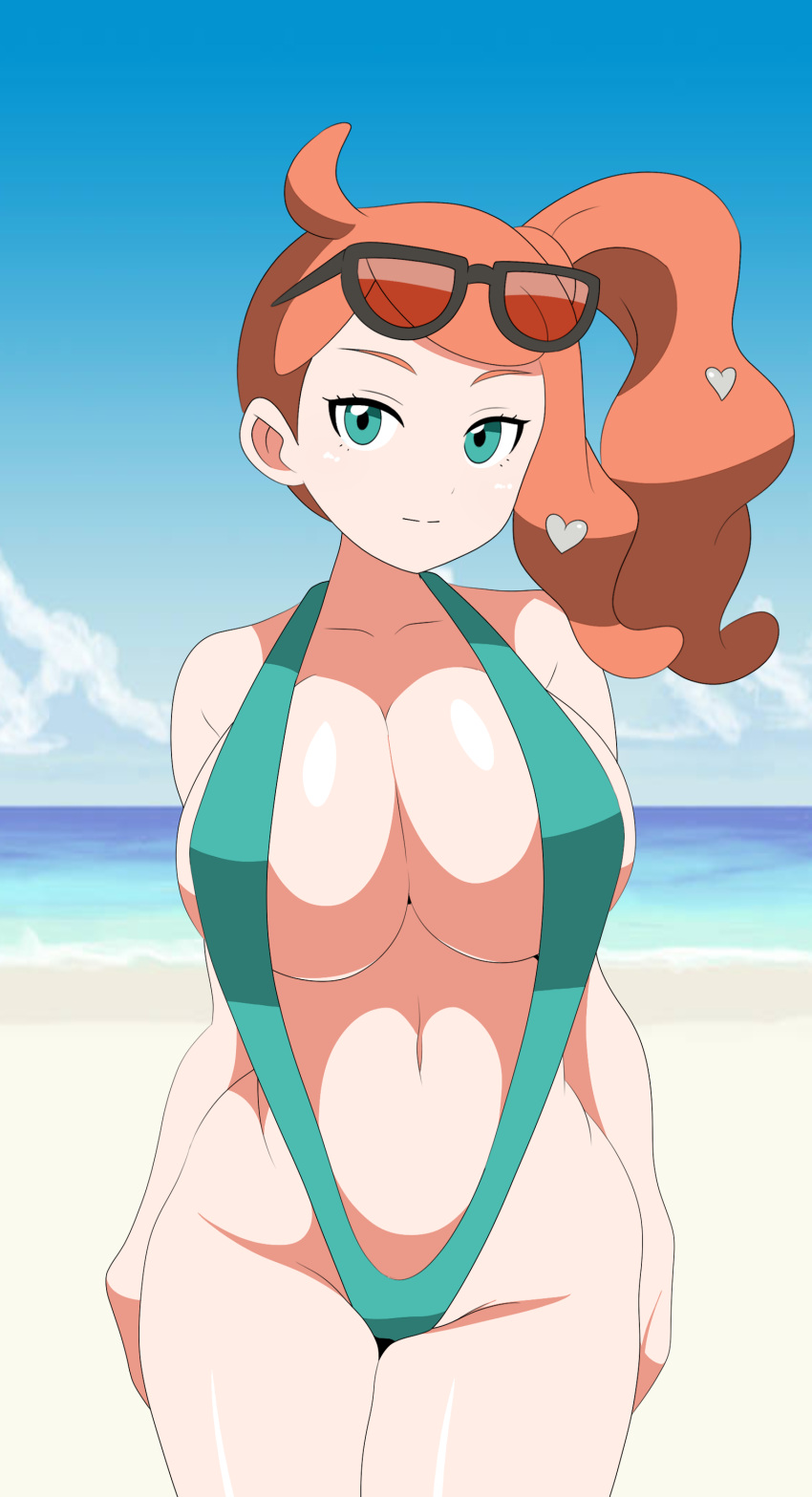 1girls big_breasts breasts chelsea_cola cleavage female female_only game_freak green_eyes green_sling_bikini hair hair_ornament hips huge_breasts looking_at_viewer orange_hair pokemon pokemon_ss ponytail skimpy skimpy_bikini sling_bikini solo solo_female sonia_(pokemon) swimwear thighs