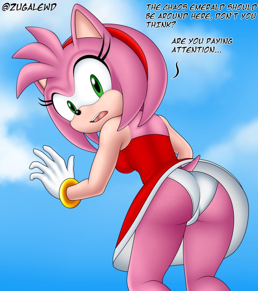 1girls amy_rose anthro ass ass_focus dialogue dress green_eyes looking_back panties pantyshot pink_body sonic_(series) sonic_the_hedgehog_(series) underwear upskirt white_panties zugalewd