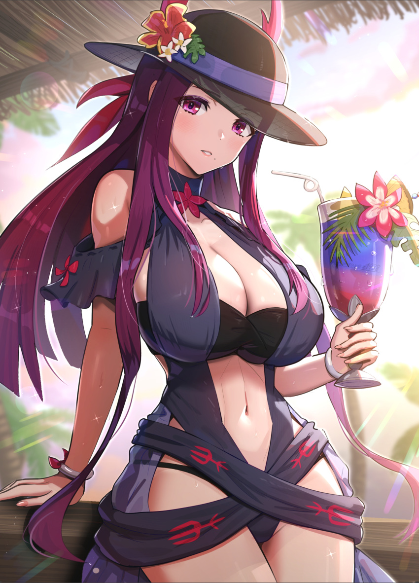 1girls alternate_costume bare_shoulders black_headwear black_one-piece_swimsuit black_swimsuit breasts casual_one-piece_swimsuit cleavage clothing_cutout cocktail_glass cup dress dress_swimsuit drink drinking_glass female female female_only fire_emblem fire_emblem_engage fire_emblem_heroes flower gonzarez hat hat_flower highres holding holding_cup ivy_(fire_emblem) ivy_(summer)_(fire_emblem) large_breasts long_hair looking_at_viewer mole mole_under_mouth nintendo official_alternate_costume one-piece_swimsuit outdoors palm_tree parted_lips purple_eyes purple_hair see-through_headwear sitting solo stomach_cutout sunlight swimsuit tree tropical_drink