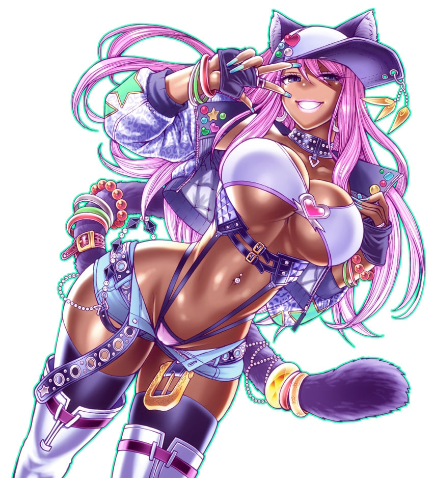 boots breasts chiba_toshirou dark-skinned_female dark_skin female gyaru highres large_breasts long_hair original pink_hair smile solo thigh_boots thighhighs