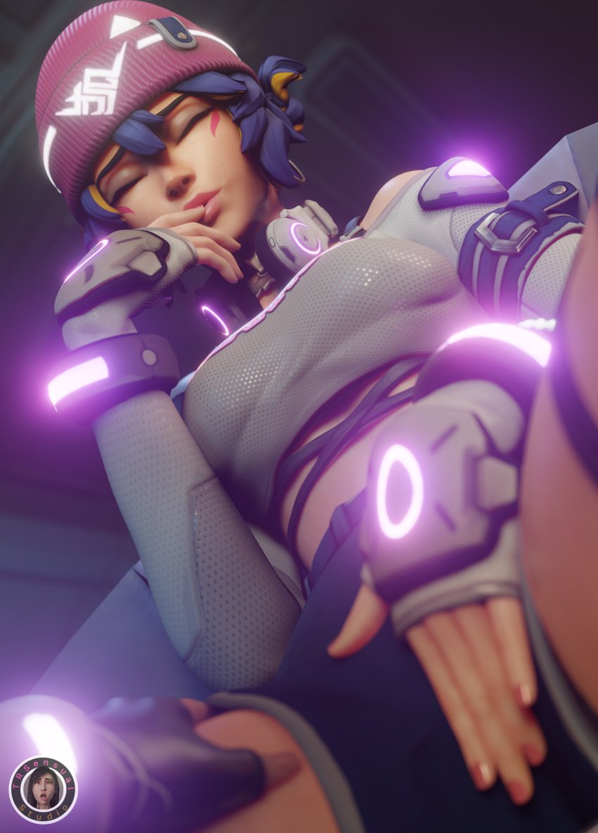 2girls 3d antifragile_kira-kira antifragile_traysi clothed finger_to_lips foreplay image image_set kiriko_(overwatch) le_sserafim medium_ass medium_breasts overwatch overwatch_2 purple_hair short_hair tracer trsensualstudio watermark yuri