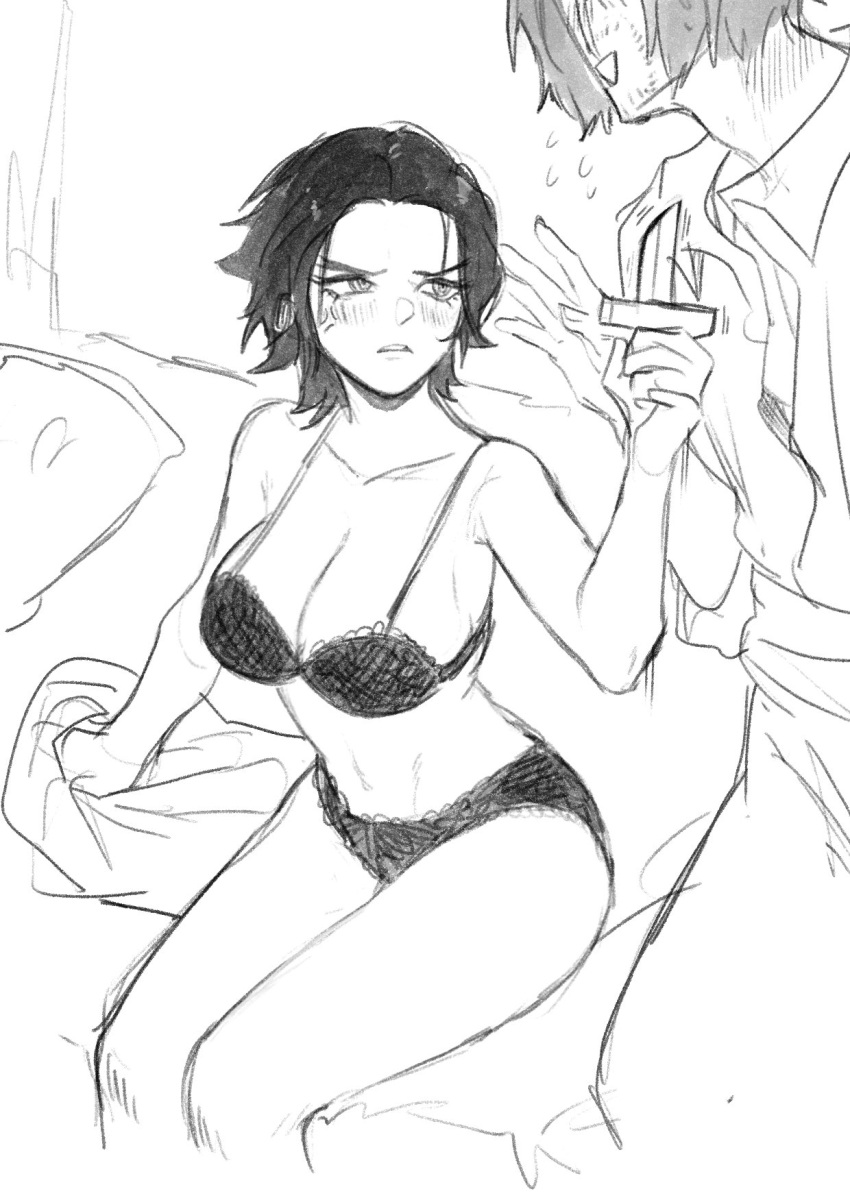 1boy 1girls anger_vein angry annoyed big_breasts blush bra cleavage dracule_mihawk female female_focus genderswap_(mtf) knife male monochrome on_bed one_piece panties rule_63 shanks short_hair sitting sketch tiradmisx