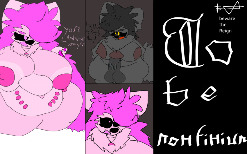 4_panel_comic amulet angry anthro balls bed belly_nipples beware_the_reign big_balls big_breasts big_penis black_body black_sclera breasts canid canine chubby_herm deep_navel dialogue duo ears_down erection female furniture genitals hair horrified huge_breasts imminent_sex inside intersex intersex/female kneeling maeva(btr) mammal navel nipples nuski open_mouth overweight overweight_female penis pink_body pink_nipples pink_thighs pivoted_ears purple_eyes purple_hair red_nipples signature thick_thighs to_be_continued_meme vein veiny_penis were werecanid werecanine werewolf yellow_eyes you_and_what_army?