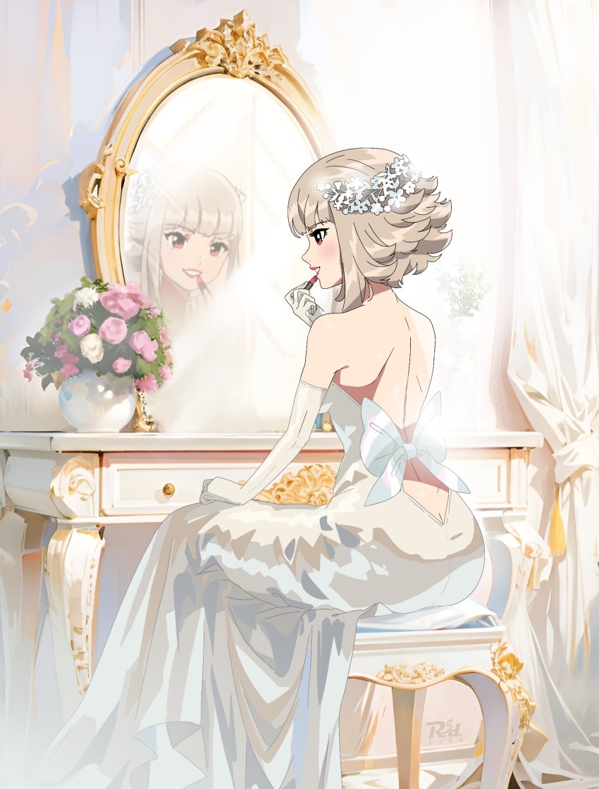 1girls absurdres alternate_costume alternate_hairstyle applying_makeup ass back backless_dress backless_outfit bare_back bride butt_crack cosmetics dress elbow_gloves female female_only fire_emblem fire_emblem_heroes flower gloves grey_hair highres holding holding_lipstick_tube lipstick lipstick_tube looking_at_mirror makeup mirror nintendo official_alternate_hairstyle r3dfive red_dress smile solo veronica_(fire_emblem) veronica_(princess_rising)_(fire_emblem) wedding_dress white_dress white_gloves