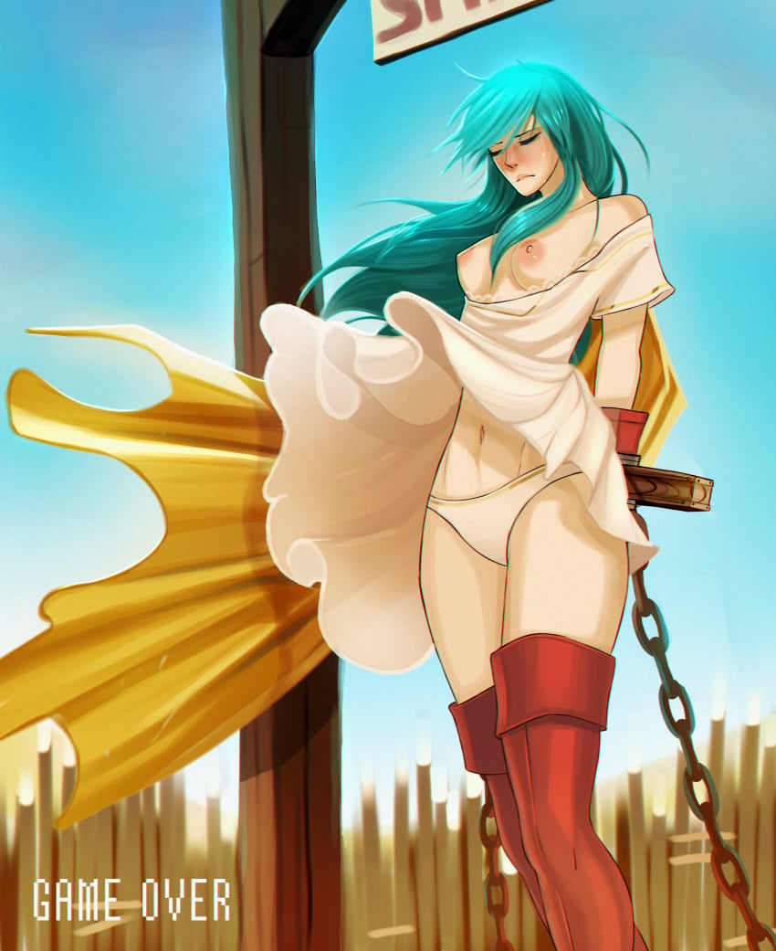 1girls alternate_costume aqua_hair arms_behind_back auction bare_midriff bare_shoulders bare_thighs blue_hair bondage boots bound bound_wrists breasts breasts_out cape captured chains closed_eyes clothes_lift defeated dress dress_lift eirika_(fire_emblem) english_text exhibitionism exposed_breasts falsealias female female_only femsub fire_emblem fire_emblem:_the_sacred_stones full_body game_over gloves humiliation long_hair medium_breasts midriff nintendo nipples outdoors panties princess public restrained royalty shoulders slave solo standing stocks text thigh_boots thighs underwear upskirt very_long_hair white_panties wind_lift