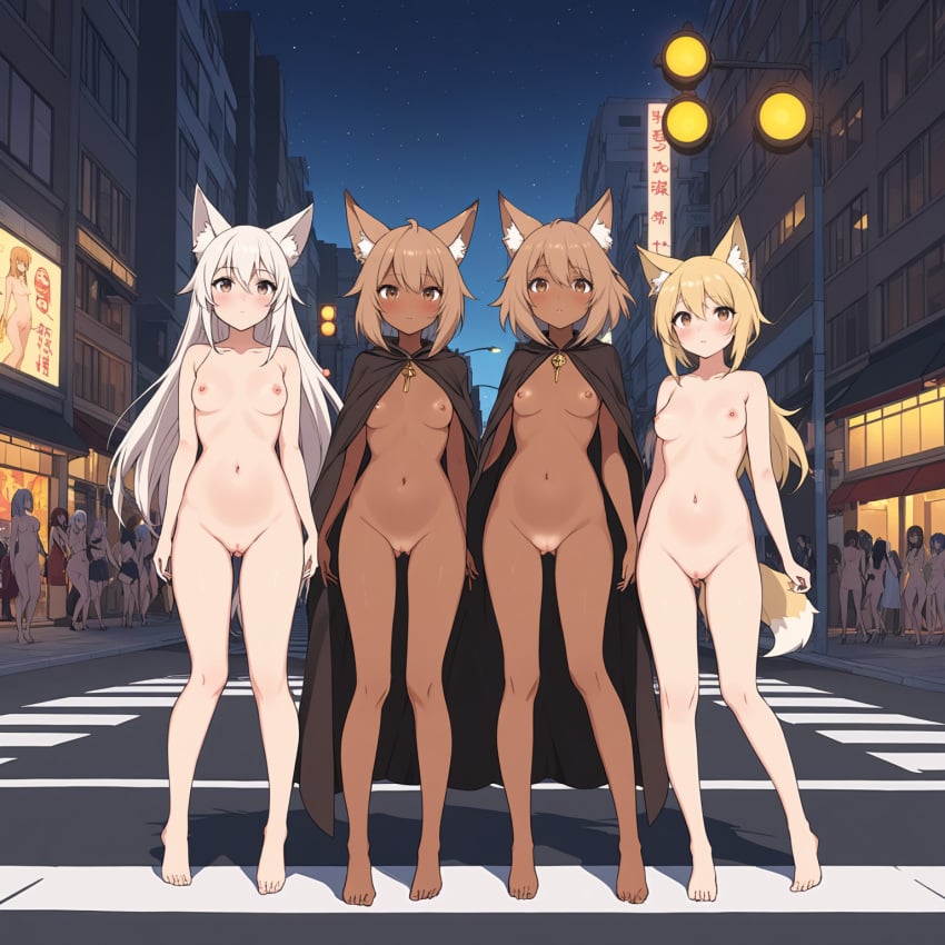 2023 6+girls ahoge ai_generated animal_ear_fluff animal_ears ass_visible_through_thighs bangs barefoot black_cape black_cloak blonde_hair blush breasts brown_eyes brown_hair cape city cleft_of_venus cloak closed_mouth crosswalk dark-skinned_female dark_skin exhibitionism fox_ears fox_tail full_body hair_between_eyes high_resolution highres long_hair looking_at_viewer medium_breasts multiple_girls naked_cape naked_cloak navel night nipples nude original outdoors phalzu public_indecency public_nudity pussy road self_upload short_hair sky small_breasts standing straight-on street tail uncensored white_hair