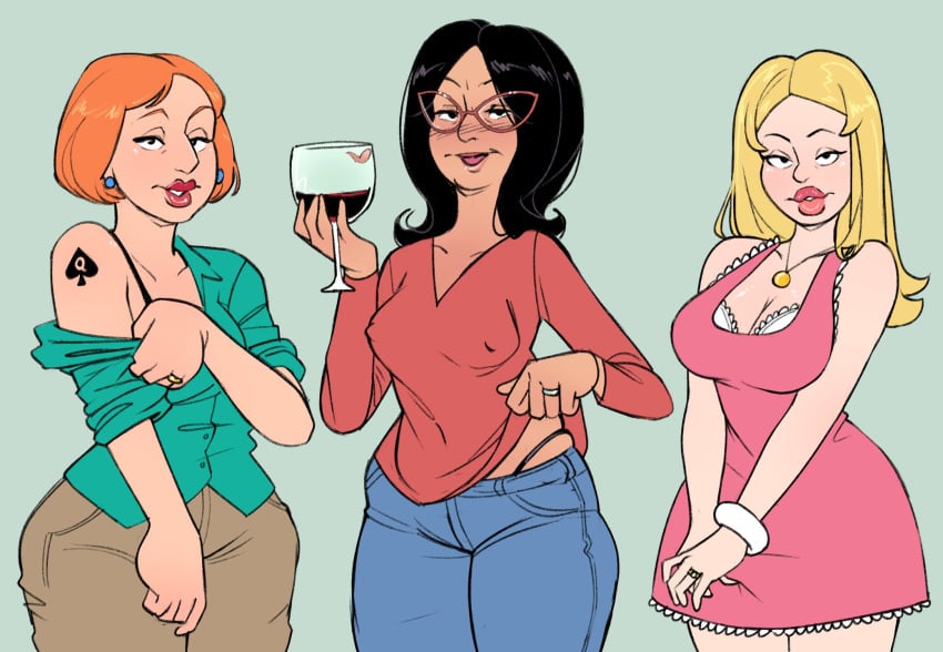 3girls american_dad black_hair blonde_female blonde_hair bob's_burgers family_guy female female_only francine_smith glasses gold_pendant horny linda_belcher lois_griffin long_hair mature mature_female mature_woman milf multiple_girls necklace nipples_visible_through_clothing not_enough_milk_(artist) orange_hair pink_dress queen_of_spades red_lipstick short_hair spade spade_tattoo wedding_ring white_bra wine