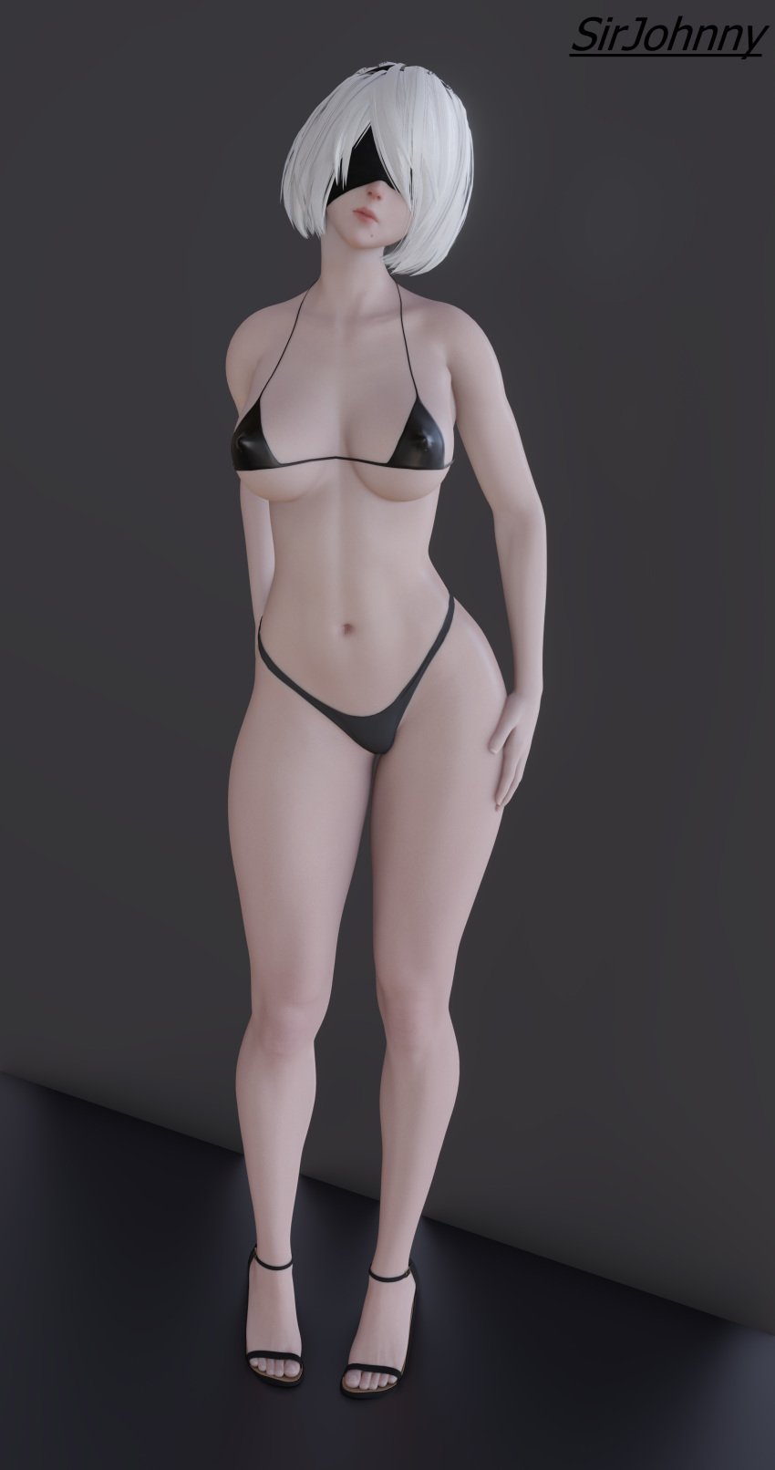 1girls 3d black black_bikini_top feet female female_only foot_fetish high_heels high_resolution johnnydoes3d looking_at_viewer looking_to_viewer nier nier:_automata nier_(series) sirjohnny solo standing white_body white_hair white_skin yorha_2b