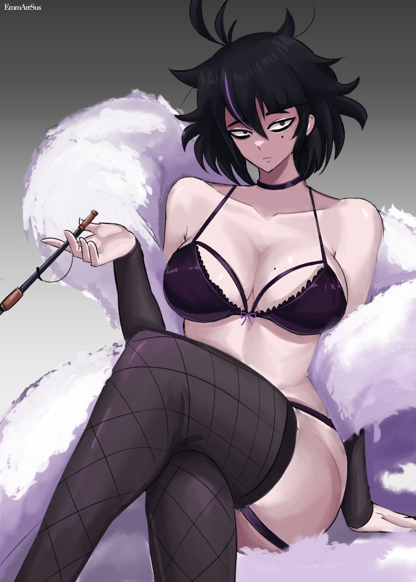 1girls ahoge beauty_mark big_breasts bra breasts choker crossed_legs emmarrgus eye_bags feather_boa female female_focus female_only hair_streak keiko_(emmarrgus) kiseru leggings light-skinned_female light_skin lingerie looking_at_viewer messy_hair mole_on_breast mole_under_eye neutral_expression no_text_version pale-skinned_female pale_skin pinup semi_perfect_keiko_(emmarrgus) sitting solo solo_female solo_focus