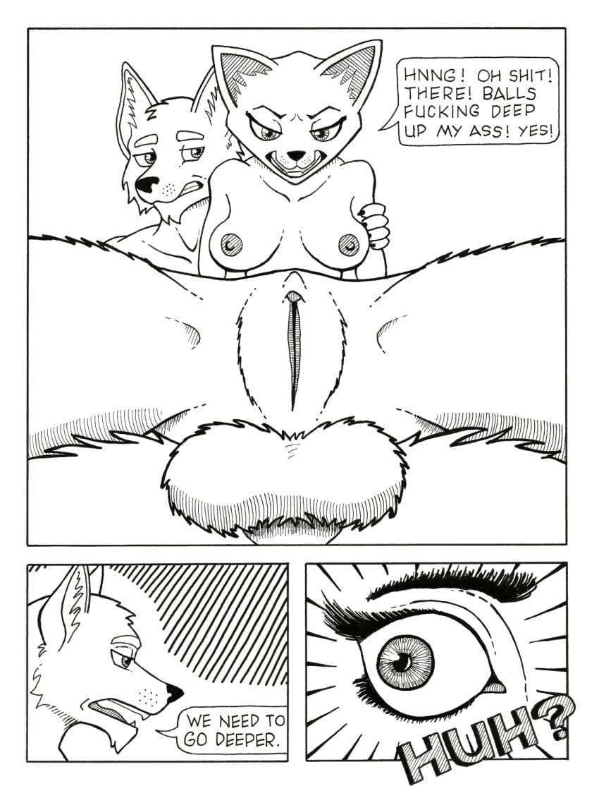 anal anthro balls balls_deep breasts canid canine canis clenched_teeth clitoris comic dogwash domestic_cat duo felid feline felis female genitals hatching_(art) hi_res male male/female mammal nipples pen_(artwork) penetration profanity pussy sex shaded shocked_expression teeth traditional_media_(artwork) wolf