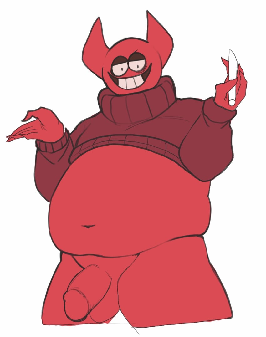 2_horns 5_fingers artlamelt balls belly bob_velseb clothing demon demon_humanoid fingers genitals glans hi_res horn humanoid humanoid_genitalia humanoid_penis male not_furry overweight overweight_humanoid overweight_male penis red_balls red_belly red_body red_glans red_horn red_penis red_skin simple_background solo spooky_month teeth white_background