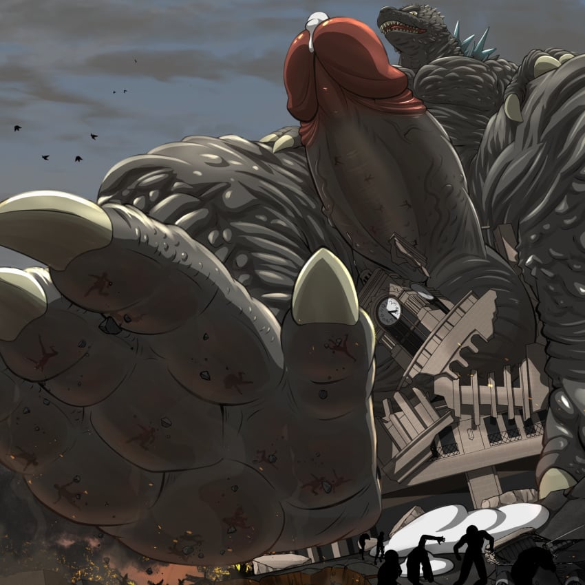 anthro balls big_balls big_penis bodily_fluids city cum destruction erection feet foot_focus genital_fluids genitals godzilla godzilla_(series) hi_res low-angle_view macro male male_only mfive_(artist) micro_abuse penis solo stomping toho vein veiny_penis worm's-eye_view