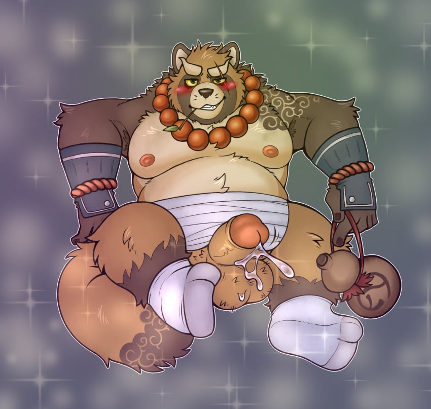 2023 anthro balls bandage big_balls blush bodily_fluids brown_body canid canine genital_fluids genitals gyobu hi_res hotoshuken lifewonders male mammal moobs nipples overweight overweight_male penis precum raccoon_dog sitting solo tanuki tokyo_afterschool_summoners