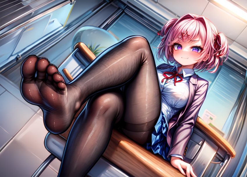 1girls 5_toes ai_generated big_breasts black_legwear blush breasts crossed_legs doki_doki_literature_club feet feet_together female female_only foopanthia foot_fetish foot_focus hi_res legs legwear long_hair looking_down natsuki_(doki_doki_literature_club) pantyhose pink_hair presenting presenting_feet purple_eyes school_uniform schoolgirl sole_female soles sweat sweatdrop sweaty tease teasing thick_thighs thighs