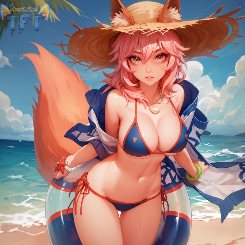 ai_generated beach beach_towel big_breasts bikini brown_eyes fate/grand_order fate_(series) fox_ears fox_girl fox_tail hat innertube pink_hair straw_hat swimsuit tamamo_no_mae_(fate) tamamo_no_mae_(swimsuit_lancer) thigh_gap touchfluffytails