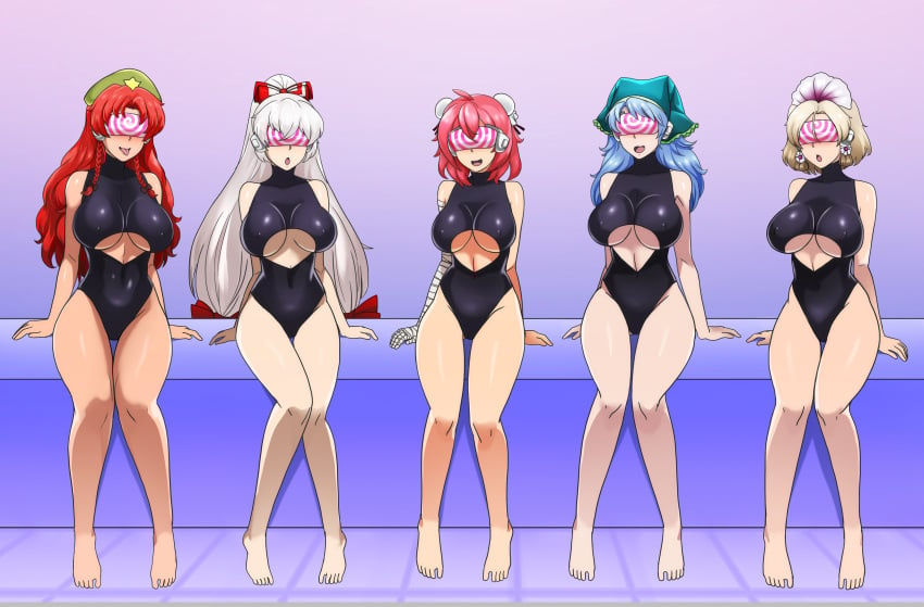 5girls fujiwara_no_mokou highleg highleg_leotard hong_meiling hypnosis hypnotic_visor kasen_ibaraki keiki_haniyasushin leotard midriff multiple_girls pink-tinted_eyewear shinzu031 tamatsukuri_misumaru tech_control tinted_eyewear touhou underboob visor