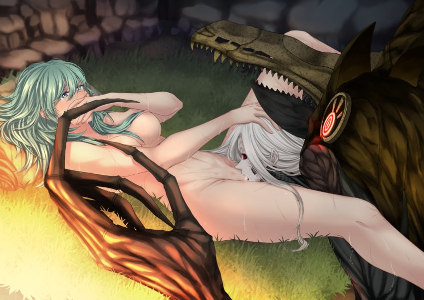 2girls alternate_version_at_source byleth_(fire_emblem) byleth_(fire_emblem)_(female) campfire edelgard_von_hresvelg edelgard_von_hresvelg_(hegemon_husk) enlightened_byleth_(female) female female_only fire_emblem fire_emblem:_three_houses glowing glowing_eyes grass green_eyes green_hair hand_on_head hand_over_mouth laying_on_grass licking_pussy monster monster_girl multiple_girls naked nintendo piiroinardesco post-timeskip red_eyes scars scars_all_over tender white_hair yuri