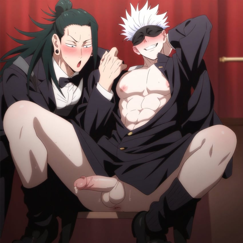 abs admiring ai_generated balls blindfold blush breasts gay gilxxgamesh jujutsu_kaisen magic_show muscular_male nipples open_legs open_mouth penis penis_out precum satoru_gojo smile suguru_geto yaoi