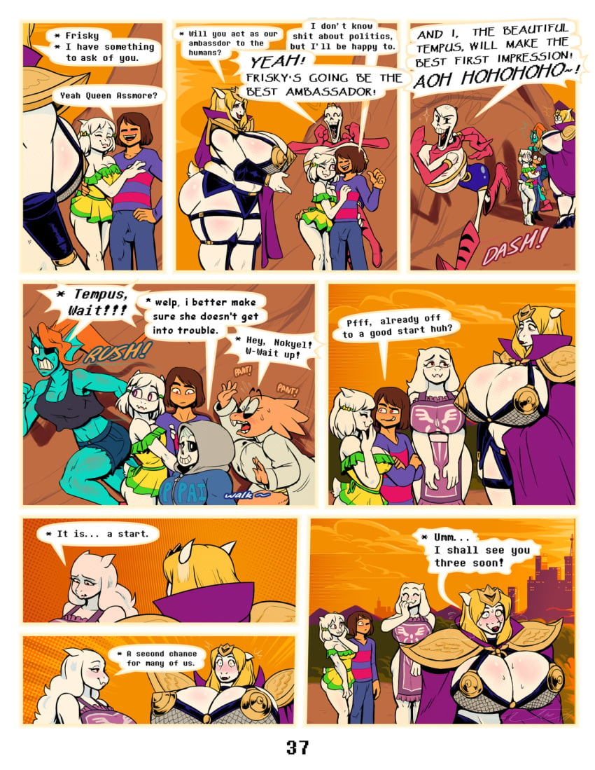 alphys alternate_universe angel_derear anthro armor asgore_dreemurr asriel_dreemurr ass assmore_(under(her)tail) big_breasts big_butt bikini_armor blush bodily_fluids bone bottomless bottomwear bow_accessory breasts city cityscape clothed clothing coat comic comic_(under(her)tail) curvy_figure dress eye_patch eyewear female female_asriel fishnet footwear frisk_(undertale) frisky_(under(her)tail) gesture glasses gloves glowing glowing_eyes group halftone hand_on_shoulder handwear hi_res high_heels hoodie huge_breasts huge_butt human lab_coat laugh male mammal nipple_outline nokyel_(under(her)tail) page_37 papyrus papyrus_(undertale) partially_clothed pointing red_eyes rule_63 running sans shorts skeleton skirt smile spread_arms standing sunset sweat syhpla tempus_(under(her)tail) text thewill topwear toriel tutori_(under(her)tail) unconvincing_armor under(her)tail undertale undertale_(series) undyne voluptuous wide_hips