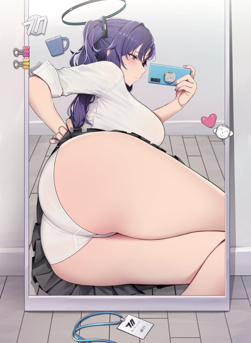 ass binder_clip blue_archive blue_eyes breasts cellphone clothes_lift doodle_sensei_(blue_archive) female hair_ornament halo heart highres holding holding_phone lanyard large_breasts lifted_by_self long_hair lying millennium_science_school_logo_(blue_archive) millennium_science_school_student mirror mole mole_on_thigh on_side panties phone purple_hair purple_nails reflection selfie seminar_(blue_archive) sensei_(blue_archive) skirt skirt_lift smartphone solo underwear white_panties yuuka_(blue_archive) yzr_(yzr99)