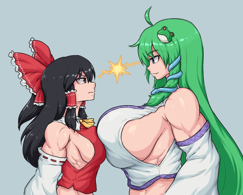 2d 2girls black_hair breasts breasts_bigger_than_head breasts_squeeze face-to-face female green_hair huge_breasts long_hair multiple_girls muscular_female reimu_hakurei sanae_kochiya sheepapp shrine_maiden source touhou