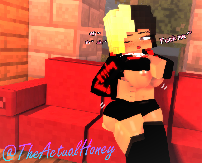 3d big_ass big_breasts big_butt black_and_blonde_hair female honey_(tah) lifting_hoodie mine-imator minecraft nipple_piercing seductive_look sitting_on_couch strip_tease theactualhoney