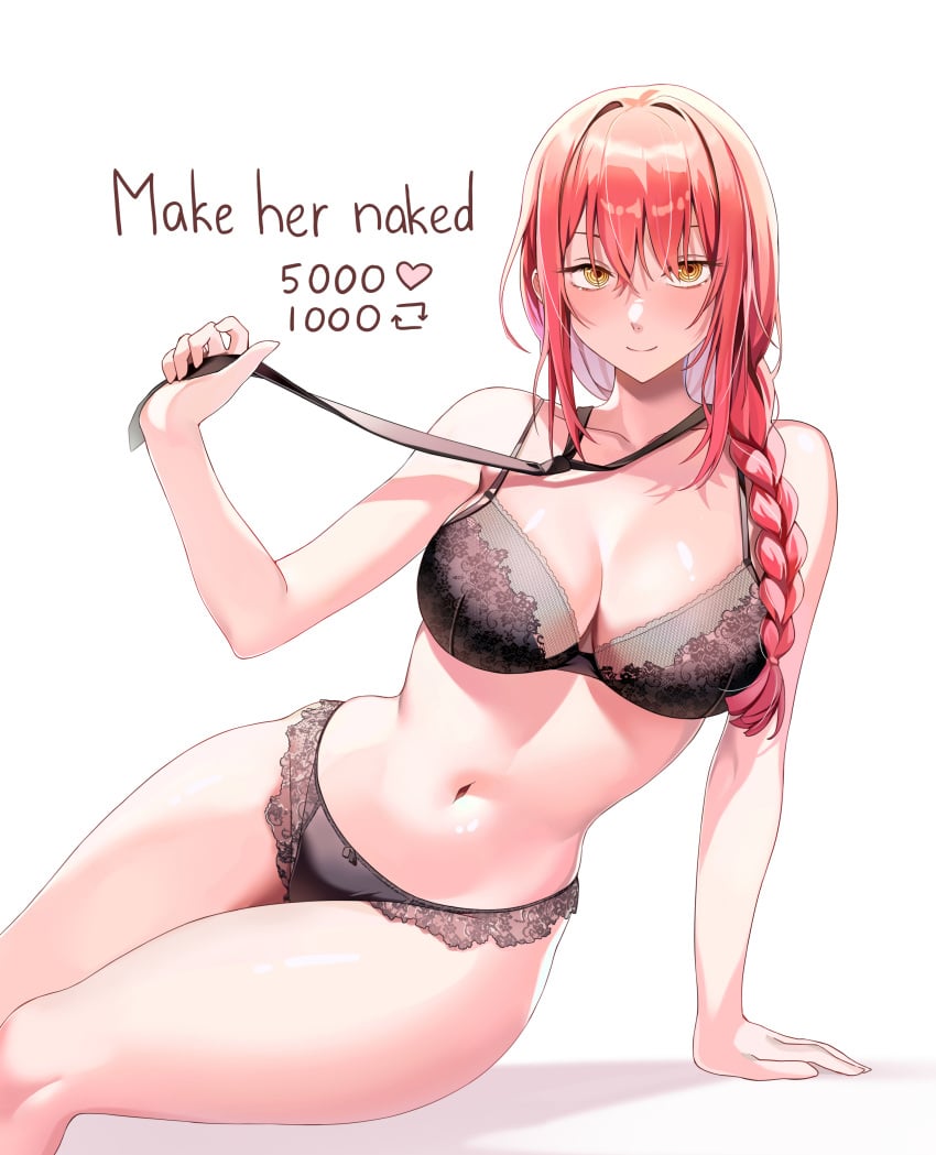 1girls belly belly_button big_breasts braid braided_hair braided_ponytail breasts busty chainsaw_man child_bearing_hips curves curvy curvy_female curvy_figure female female_only hips hourglass_figure large_breasts lingerie lingerie_only machulanko makima_(chainsaw_man) pulling_tie red_body red_hair shounen_jump spiral_eyes thick thick_thighs thighs tie tummy underwear undress_character white_background wide_hips