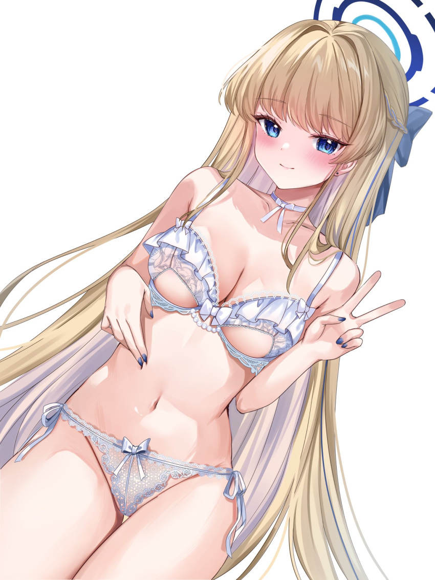 blonde_hair blue_archive blue_eyes blue_nails blush bra breasts choker cleaning_&_clearing_(blue_archive) cleavage closed_mouth female groin halo highres katsushika_pachi lingerie long_hair medium_breasts millennium_science_school_student navel panties simple_background smile solo stomach thighs toki_(blue_archive) underwear underwear_only v very_long_hair white_background white_choker