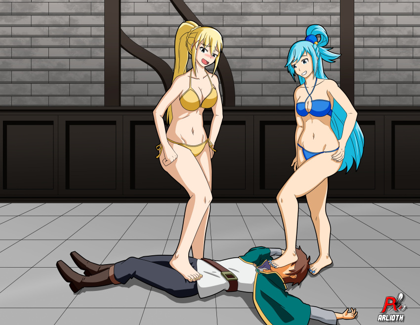 1boy 2girls aqua_(konosuba) arlioth barefoot bikini darkness_(konosuba) denki_anma dominant_female female femdom foot_domination foot_fetish foot_on_crotch foot_on_face footjob footjob_over_clothes goddess humiliation kono_subarashii_sekai_ni_shukufuku_wo! male multiple_girls nail_polish nails_painted satou_kazuma standing standing_footjob stepped_on stepping_on_penis submissive_male swimsuit teamwork trample trampling