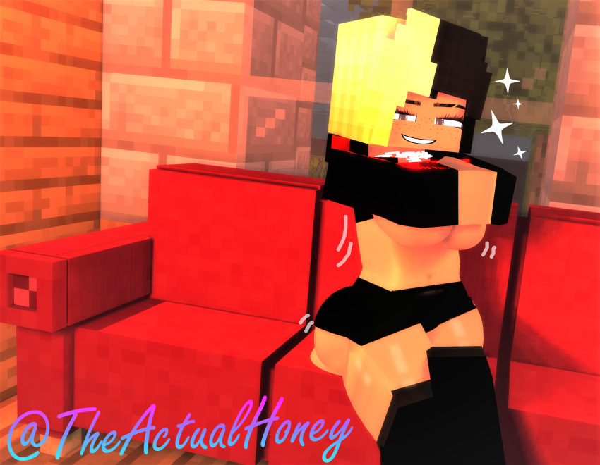 3d big_ass big_breasts big_butt black_and_blonde_hair female honey_(tah) lifting_hoodie mine-imator minecraft seductive_smile sitting_on_couch strip_tease theactualhoney