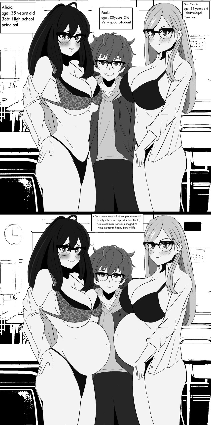 1boy 2girls aaronm age_difference before_and_during_pregnancy big_breasts bikini classroom comic dominant_male dominated_female double_pregnancy family glasses happy happy_female happy_male horny_female horny_male impregnation looking_at_viewer looking_pleasured manga manga_style milf multiple_girls multiple_pregnancies pregnant pregnant_belly pregnant_female principal proud school school_desk smaller_male smile smiling smiling_at_viewer student student_and_teacher submissive_female taller_female taller_girl teacher teacher_and_student text text_box text_bubble