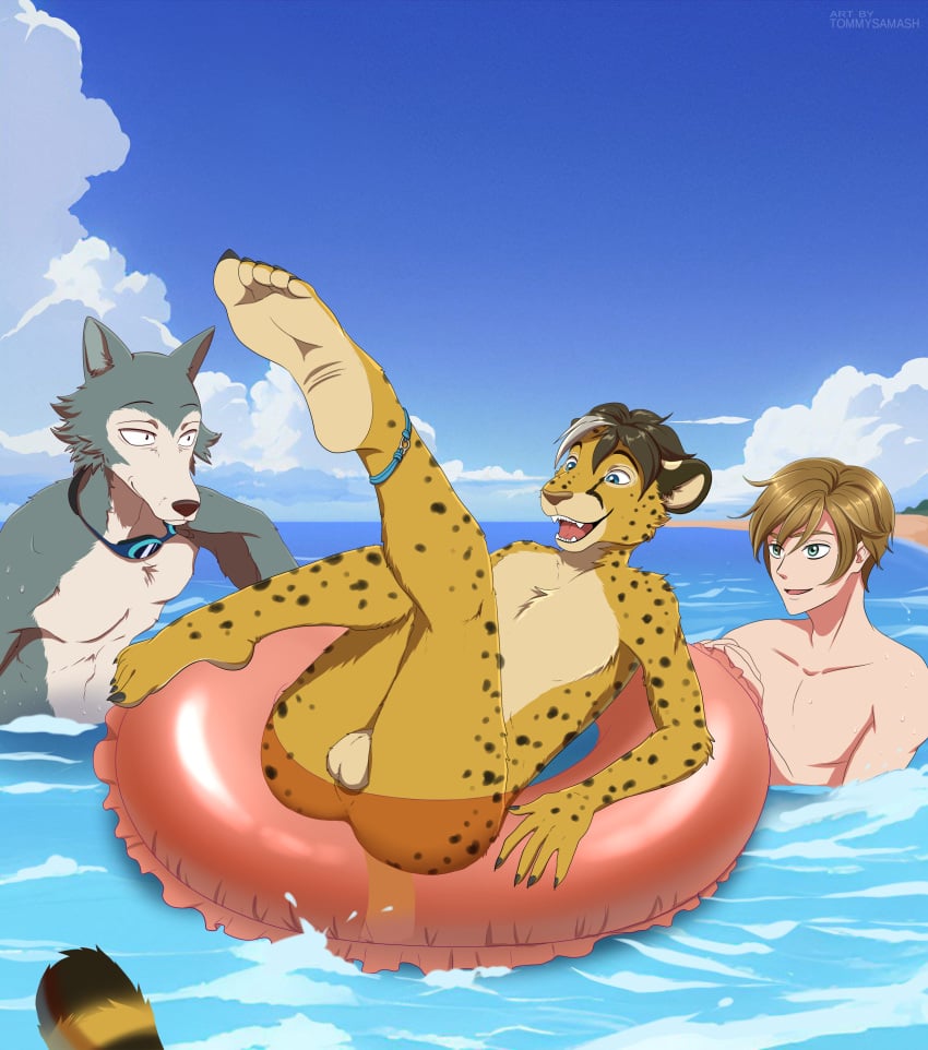 absurd_res ass balls beastars blue_eyes brown_hair cheetah fan_character felid feline genitals hair hi_res human inflatable inner_tube legoshi_(beastars) male mammal nude smile swimming tommysamash