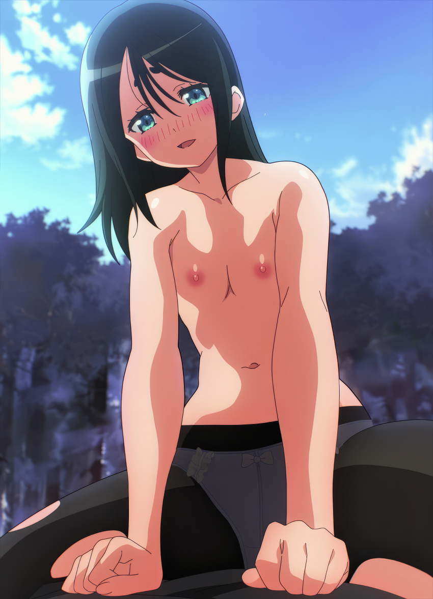 1boy 1girls black_hair futoku_no_guild kikuru_madan long_hair nipples screencap small_breasts stitched tagme toxico_dannar