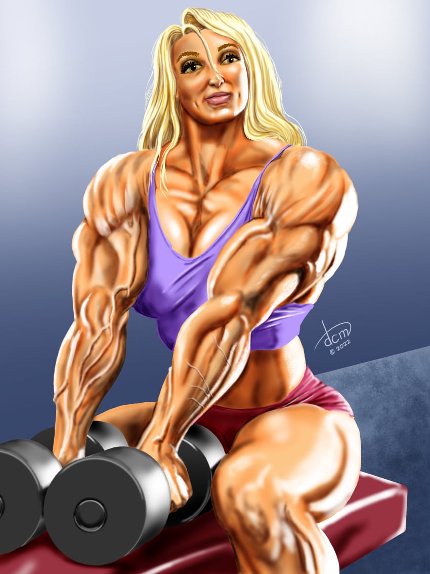 abs biceps big_breasts blonde_hair breasts dcmatthews female hair huge_breasts large_breasts long_hair muscles muscular_arms muscular_female muscular_legs pecs satin_steele weights