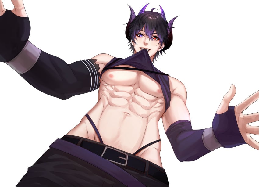 abs black_hair blue_eyes crop_top demon demon_boy demon_horns demon_humanoid demon_lord gay horn horns jockstrap male male_only muscular muscular_abs muscular_arms muscular_male muscular_pecs pecs pov pov_crotch purple_eyes purple_horns red_eyes shinichi_kai shinichi_kai_(vtuber) smile smirking thong twitch virtual_streamer virtual_youtuber vtuber yaoi