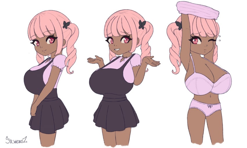 arms_up big_breasts bra clothed_breasts dark-skinned_female dark_skin drill drill_hair mia_(sr.weboz) oppai_loli pink_eyes pink_hair skirt sr.weboz twintails