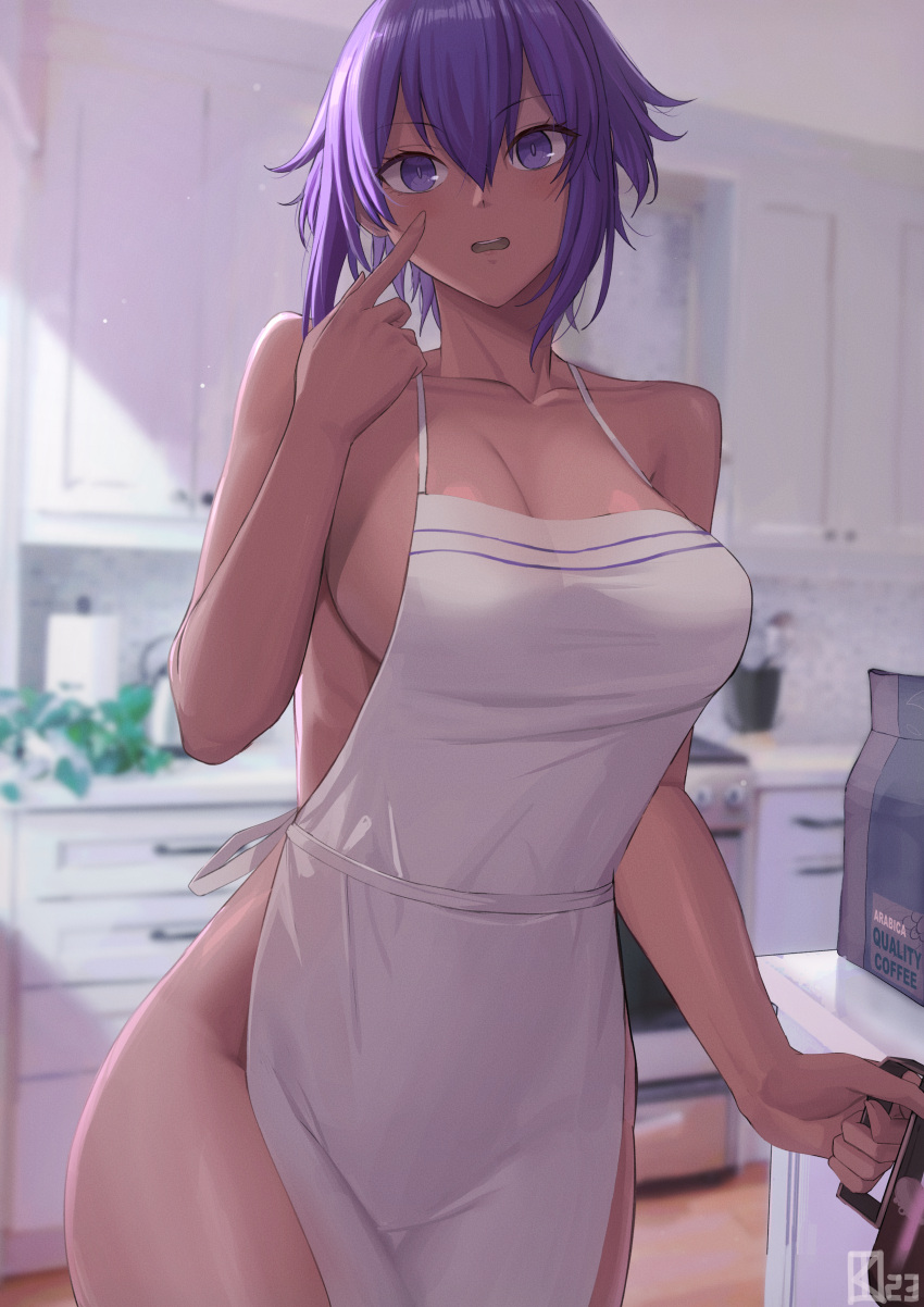 1girls absurdres aged_up alternate_breast_size apron apron_only bare_shoulders big_breasts blush breasts clavicle cleavage collarbone dark-skinned_female dark_skin fate/grand_order fate_(series) female female_only hassan_of_serenity_(fate) highres hips housewife kakeku kitchen large_breasts legs light_blush looking_at_viewer naked_apron open_mouth pointing pointing_at_self purple_eyes purple_hair shiny_hair shiny_skin short_hair sideboob sidelocks solo thighs white_apron