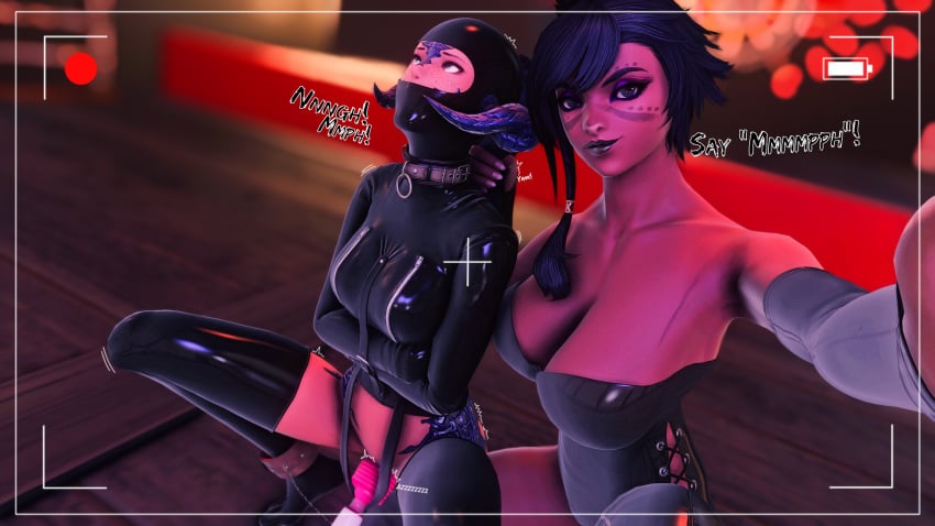 2girls ankle_cuffs au_ra bondage bondage_hood collar corset crouching dominatrix final_fantasy final_fantasy_xiv gag gimp_suit hood kidnapped kisa_kha latex latex_suit multiple_girls phone pulling_hair rape selfie squatting straitjacket vibrator viera xaela