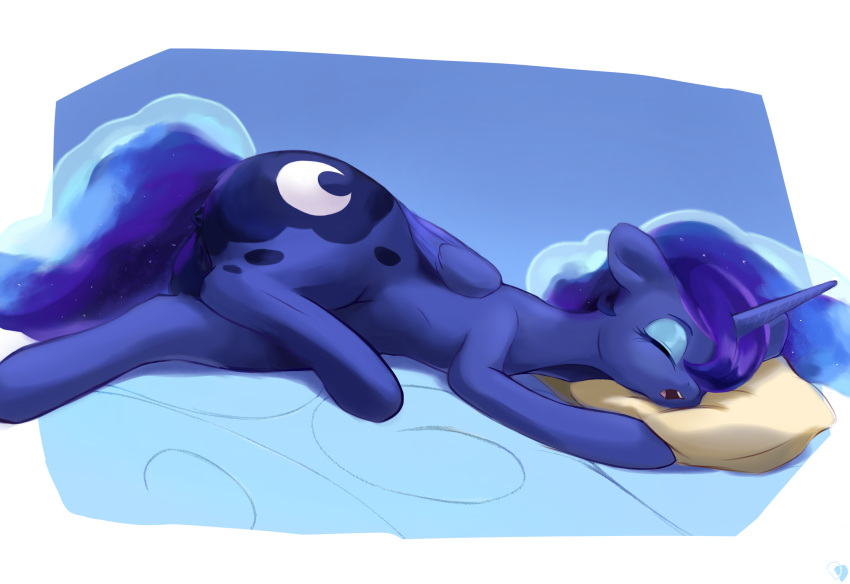 alicorn anus ass blue_body blue_eyeshadow blue_fur blue_hair blue_mane cutie_mark dulldi equid equine eyelashes eyeshadow female female_only feral feral_only friendship_is_magic fur hasbro horn horse makeup mammal mane my_little_pony open_mouth pillow pony princess_luna_(mlp) pussy sleeping wings