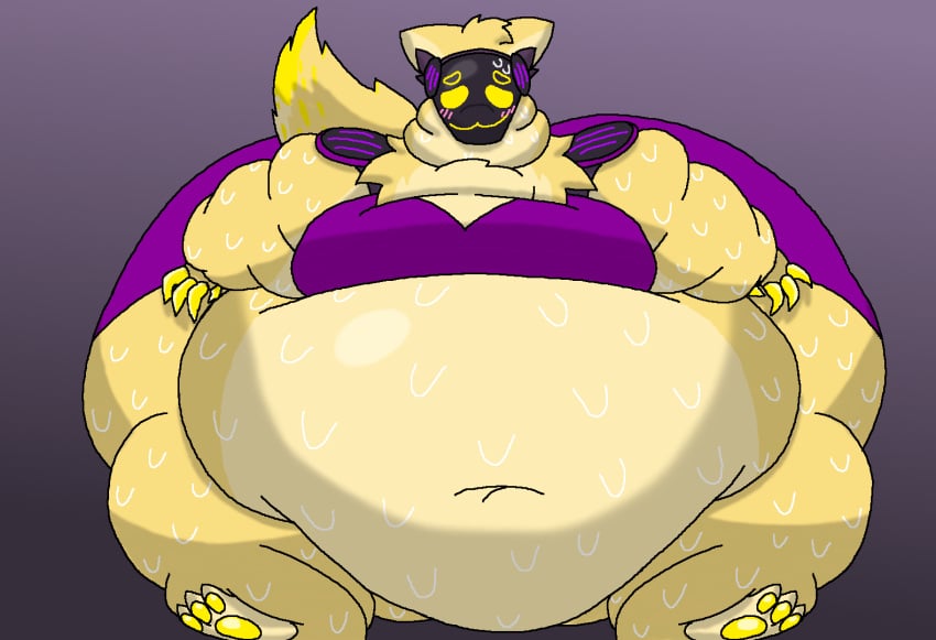 anthro belly bodily_fluids claws double_chin fur immobile itsnotbutterzard kos_(squiddy) machine male moobs neck_ring obese overweight pawpads paws protogen solo sweat sweaty_arms sweaty_belly sweaty_legs yellow_body yellow_eyes yellow_fur