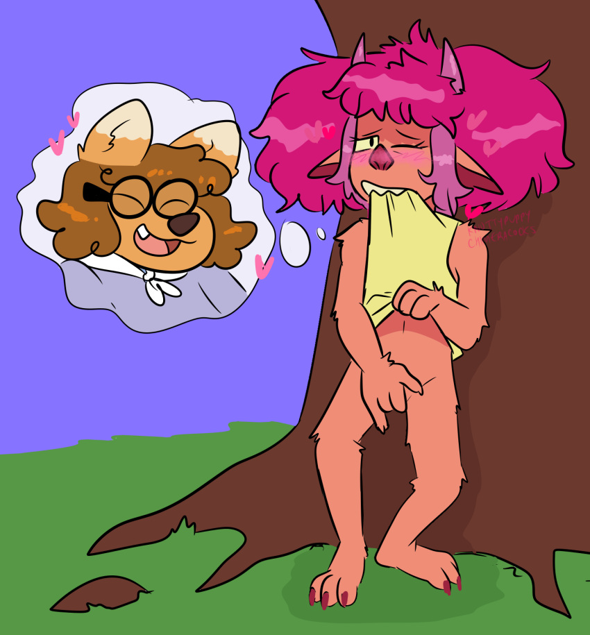 anthro biting_clothing blush canid canine chimeracocks claire_(harvey_beaks) fee_(harvey_beaks) female female/female fox hi_res humanoid imp mammal masturbation outside_masturbation solo thinking_about_another young