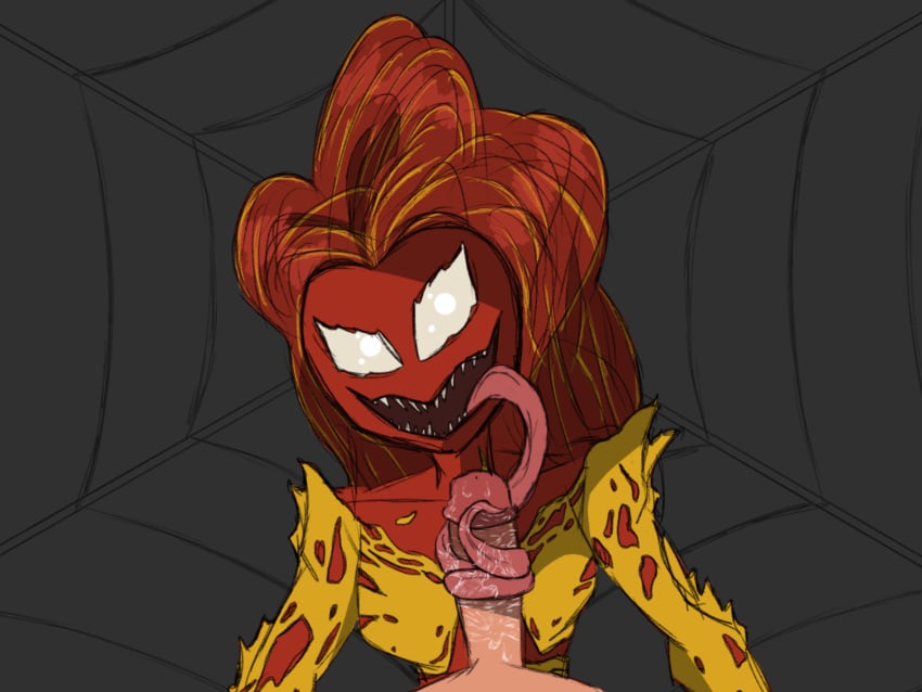 2023 alien blowjob colored_sketch fellatio female insomniac_games marvel marvel_comics mary_jane_watson oral penis red_body scream_(spider-man) sketch sloppy sloppy_blowjob spider-man_(ps4) spider-man_2_(ps5) symbiote tongue white_eyes yellow_body