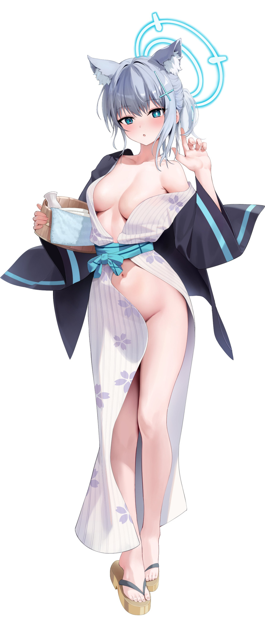 :o abydos_high_school_student alternate_costume blue_archive convenient_censoring foreclosure_task_force_(blue_archive) full_body medium_breasts no_bra no_panties no_underwear rable shiroko_(blue_archive) thighs wooden_bucket yukata