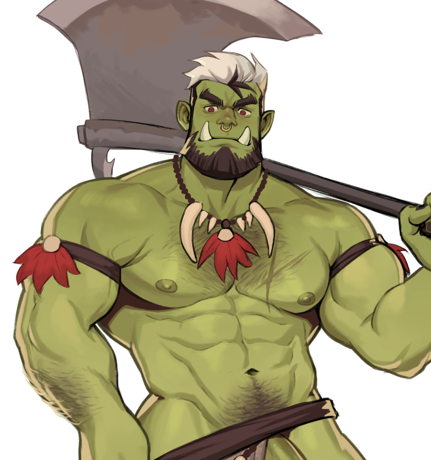 1boy abs absurdres arm_hair axe bara battle_axe chest_hair colored_skin cowboy_shot full_beard green_skin groin hairy halloween halloween_costume helbai highres huge_eyebrows jewelry large_pectorals loincloth_aside looking_at_viewer male male_focus male_only male_pubic_hair mature_male monster_boy monsterification multicolored_hair muscular muscular_male navel_hair necklace nose_piercing nose_ring orc original over_shoulder pectorals penis penis_peek piercing pointy_ears pubic_hair short_hair simple_background solo solo_male thick_beard tooth_necklace tribal tusks two-tone_hair undressing v-shaped_eyebrows veins veiny_arms weapon weapon_over_shoulder white_background whyhelbram