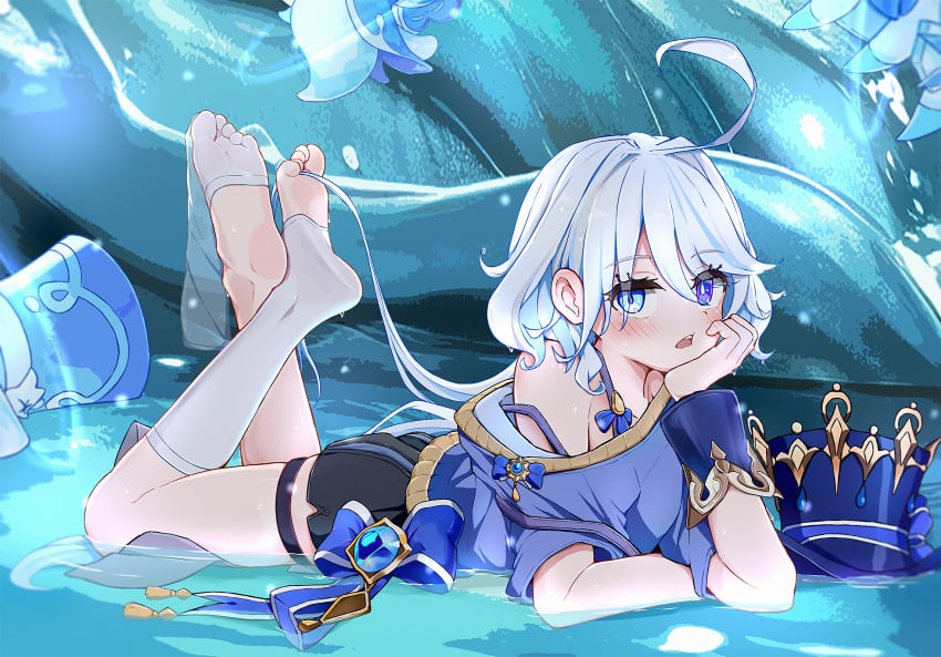 bare_shoulders feet feet_in_the_pose feet_up furina_(genshin_impact) genshin_impact hair_between_toes hoyoverse mihoyo qiufengxiaose socks soles the_pose toes