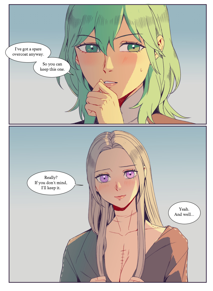 2girls after_sex byleth_(fire_emblem) byleth_(fire_emblem)_(female) coat coat_on_shoulders cute edelgard_von_hresvelg english_text female female_only fire_emblem fire_emblem:_three_houses fire_emblem_warriors:_three_hopes green_eyes green_hair more_at_source multiple_girls naked nintendo purple_eyes radiostarkiller scars story_at_source text white_hair yuri