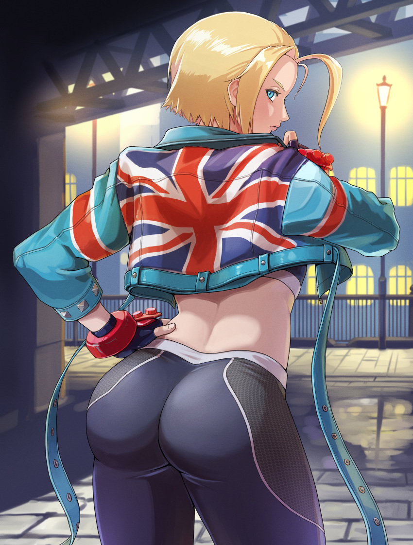 1girls absurd_res artist_request ass black_pants blonde_hair blue_eyes blue_jacket bubble_ass bubble_butt cammy_white commentary_request cropped_jacket female female_only fence from_behind fully_clothed gloves hair_intakes hand_on_own_hip hi_res jacket kunimaki lamppost looking_back nonude outdoors pants round_ass short_hair solo street_fighter street_fighter_6 union_jack window yoga_pants